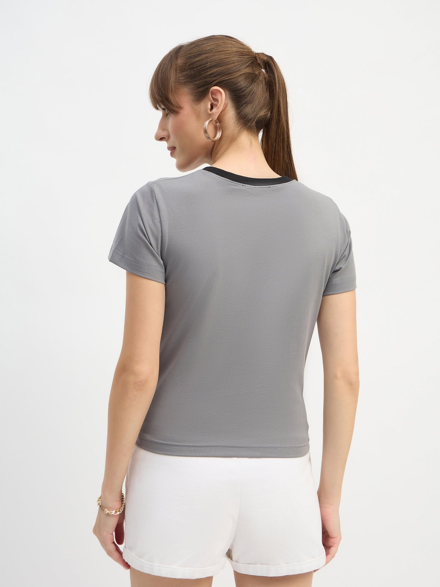 Women Grey CAR Print Lycra T-Shirt