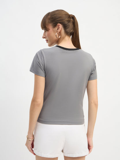 Women Grey CAR Print Lycra T-Shirt