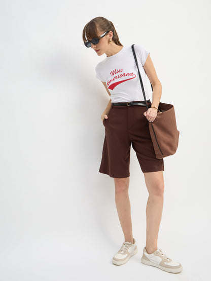 Women White AMERICANA Print Lycra T-Shirt