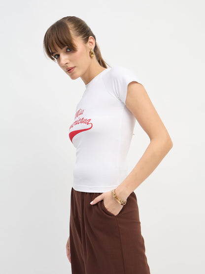 Women White AMERICANA Print Lycra T-Shirt