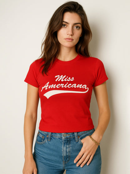 Women Red AMERICANA Print Lycra T-Shirt