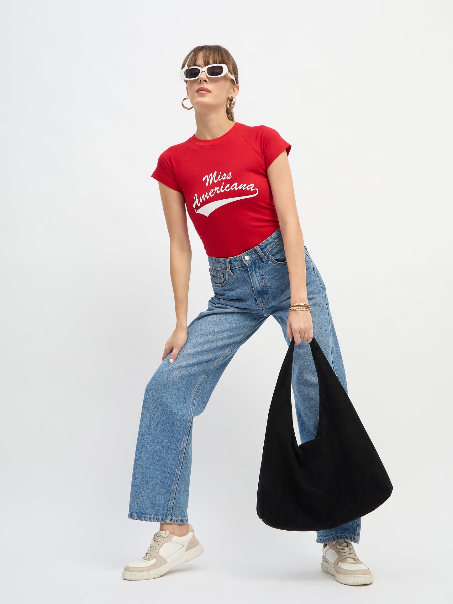 Women Red AMERICANA Print Lycra T-Shirt