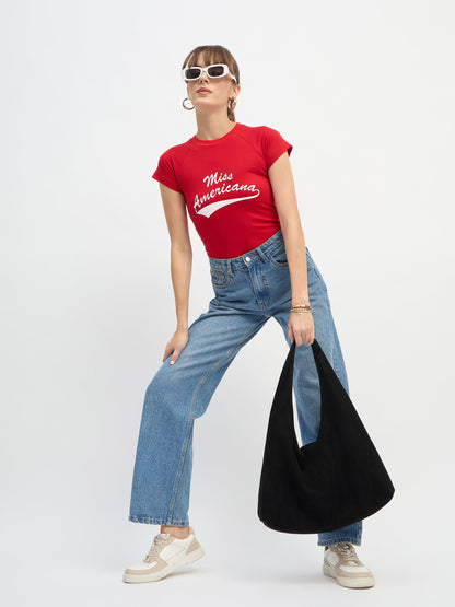 Women Red AMERICANA Print Lycra T-Shirt