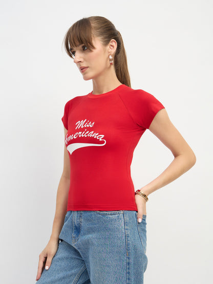 Women Red AMERICANA Print Lycra T-Shirt