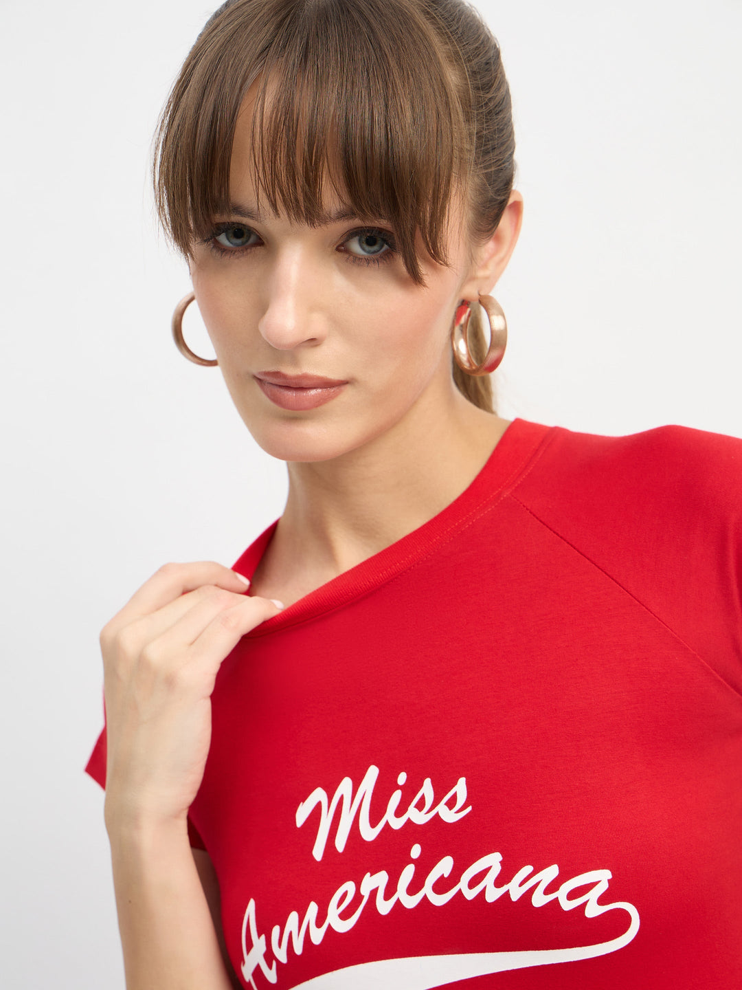 Women Red AMERICANA Print Lycra T-Shirt