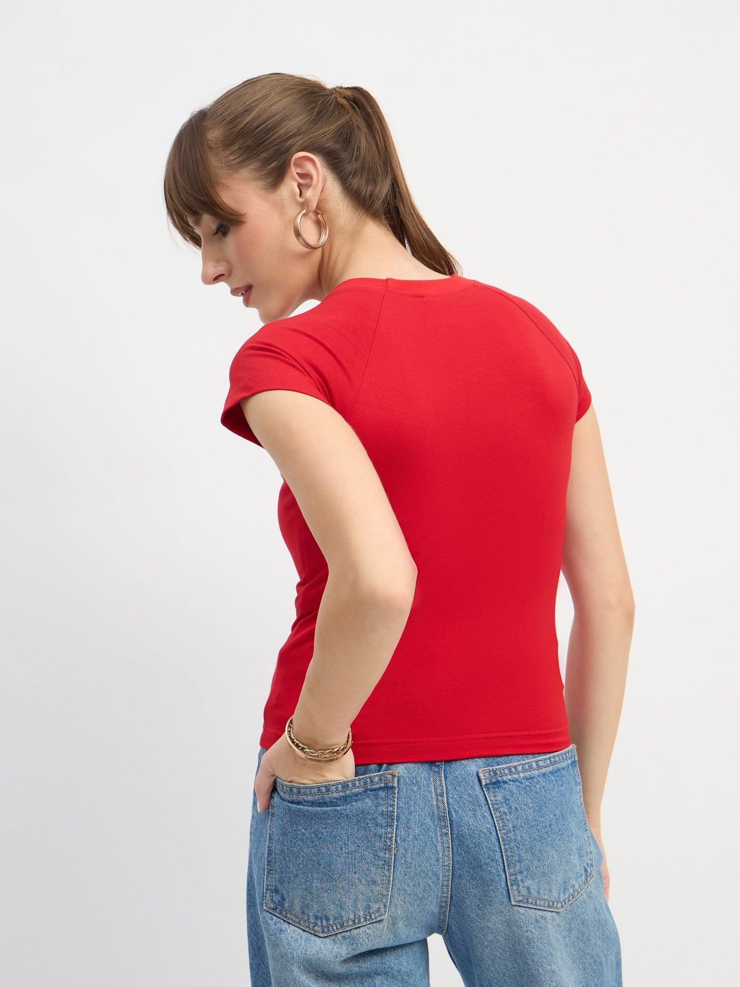 Women Red AMERICANA Print Lycra T-Shirt