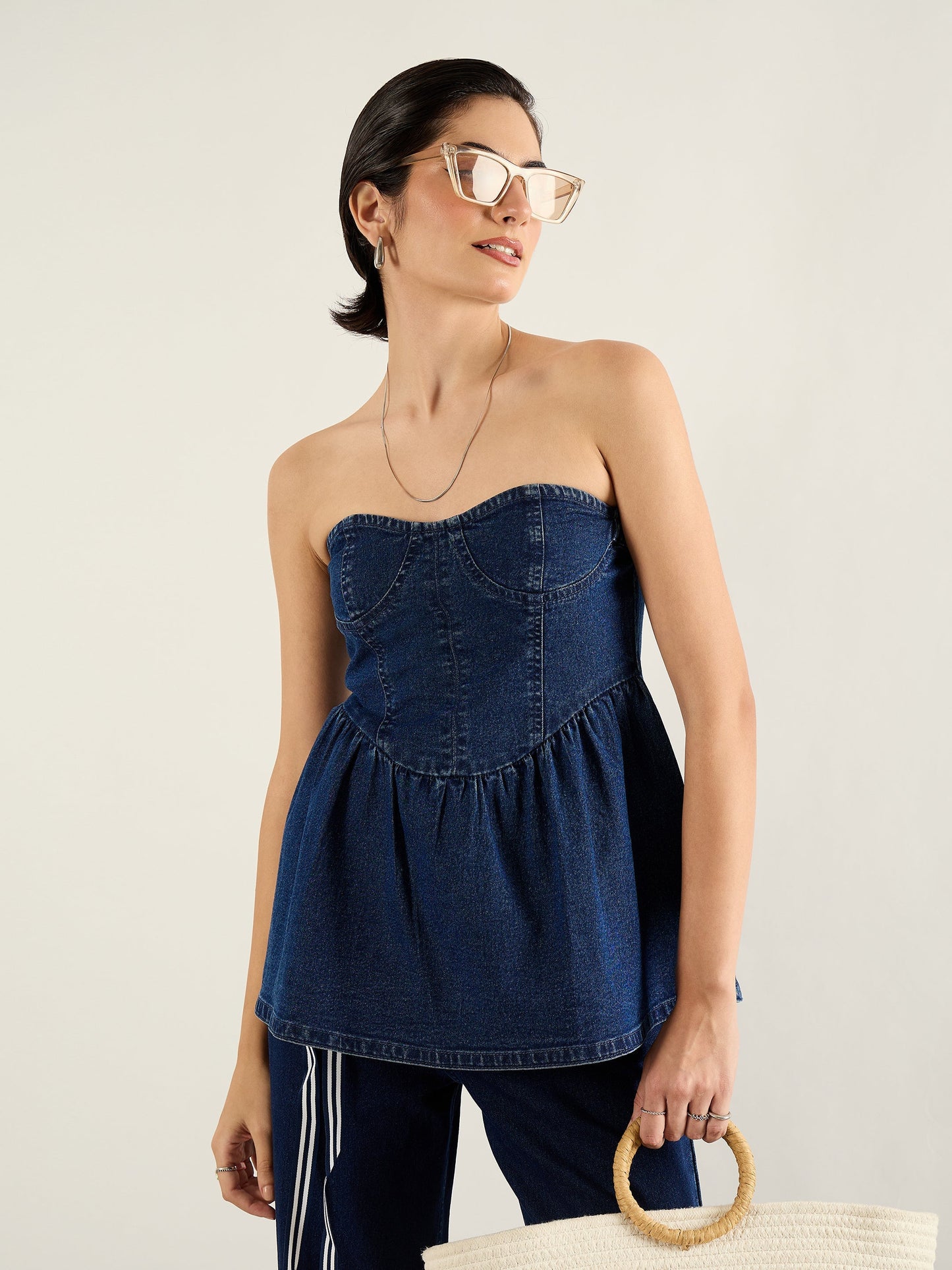 Blue Denim Off Shoulder Peplum Top
