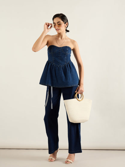 Blue Denim Off Shoulder Peplum Top