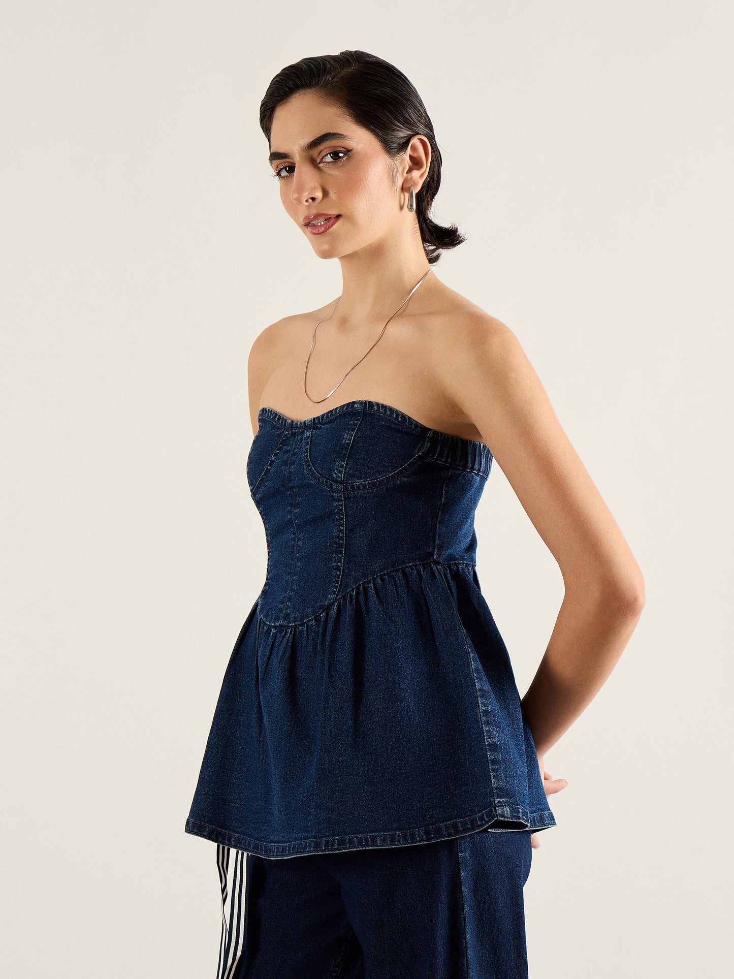 Blue Denim Off Shoulder Peplum Top