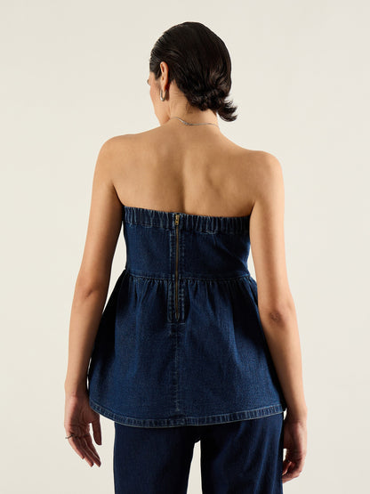 Blue Denim Off Shoulder Peplum Top