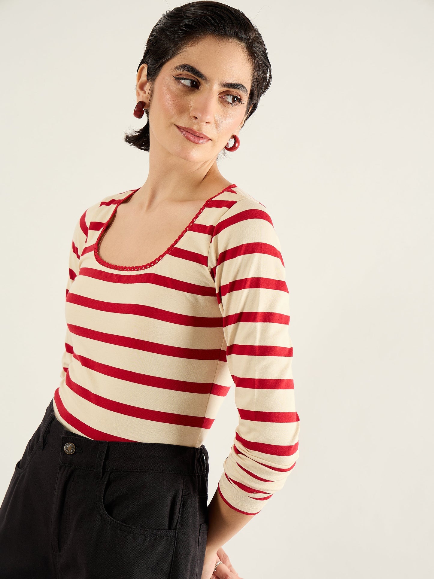 Red & Beige Striped Full Sleeve Top