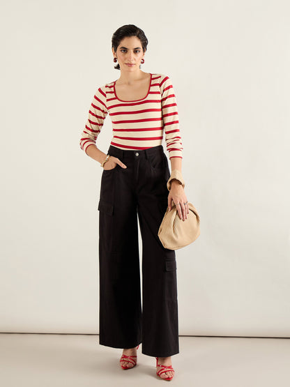 Red & Beige Striped Full Sleeve Top