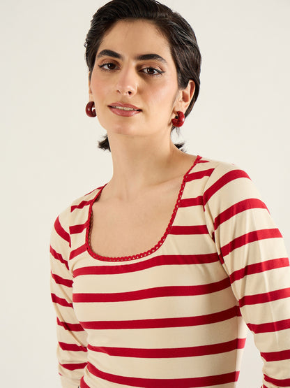 Red & Beige Striped Full Sleeve Top