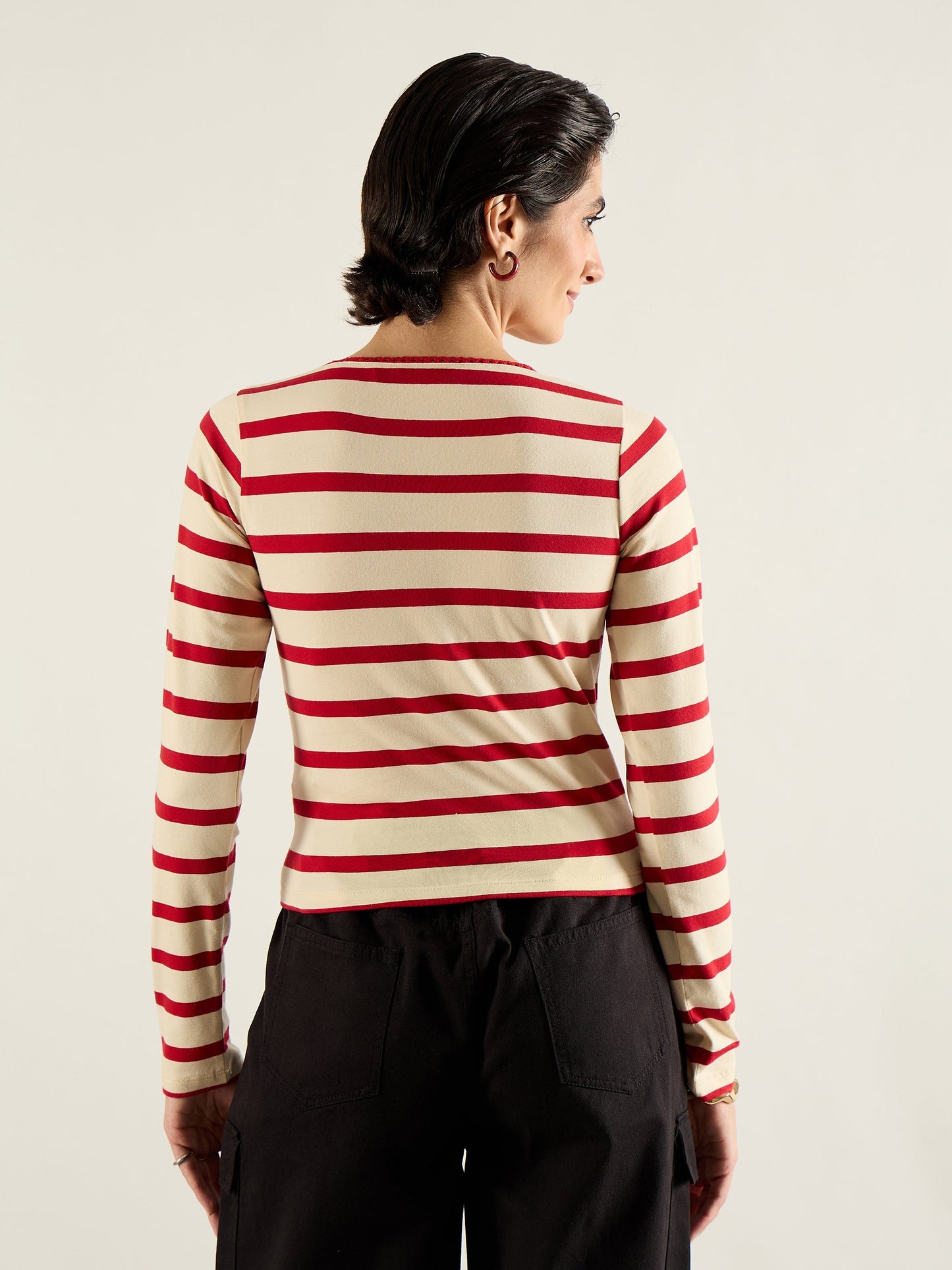 Red & Beige Striped Full Sleeve Top