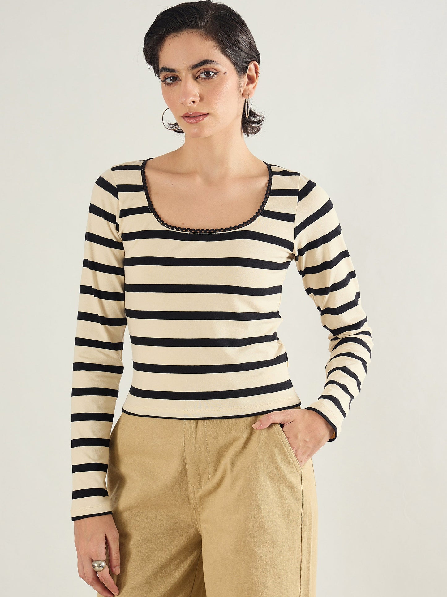 Black & Beige Striped Full Sleeve Top