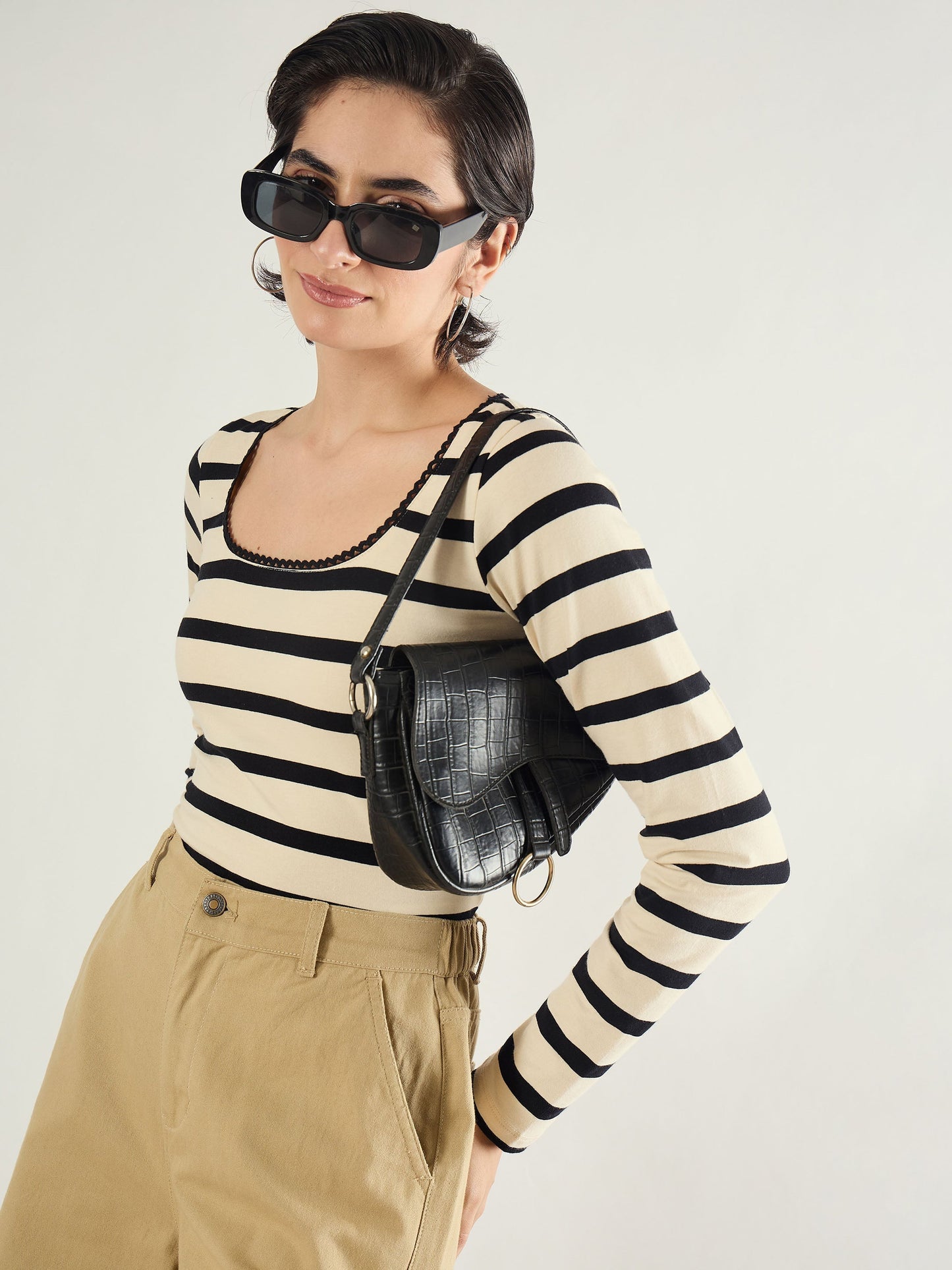 Black & Beige Striped Full Sleeve Top
