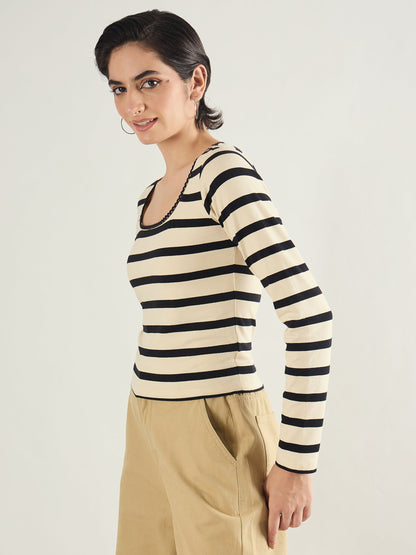Black & Beige Striped Full Sleeve Top