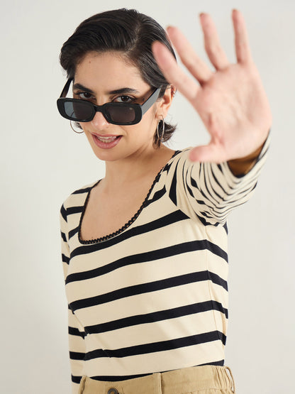 Black & Beige Striped Full Sleeve Top