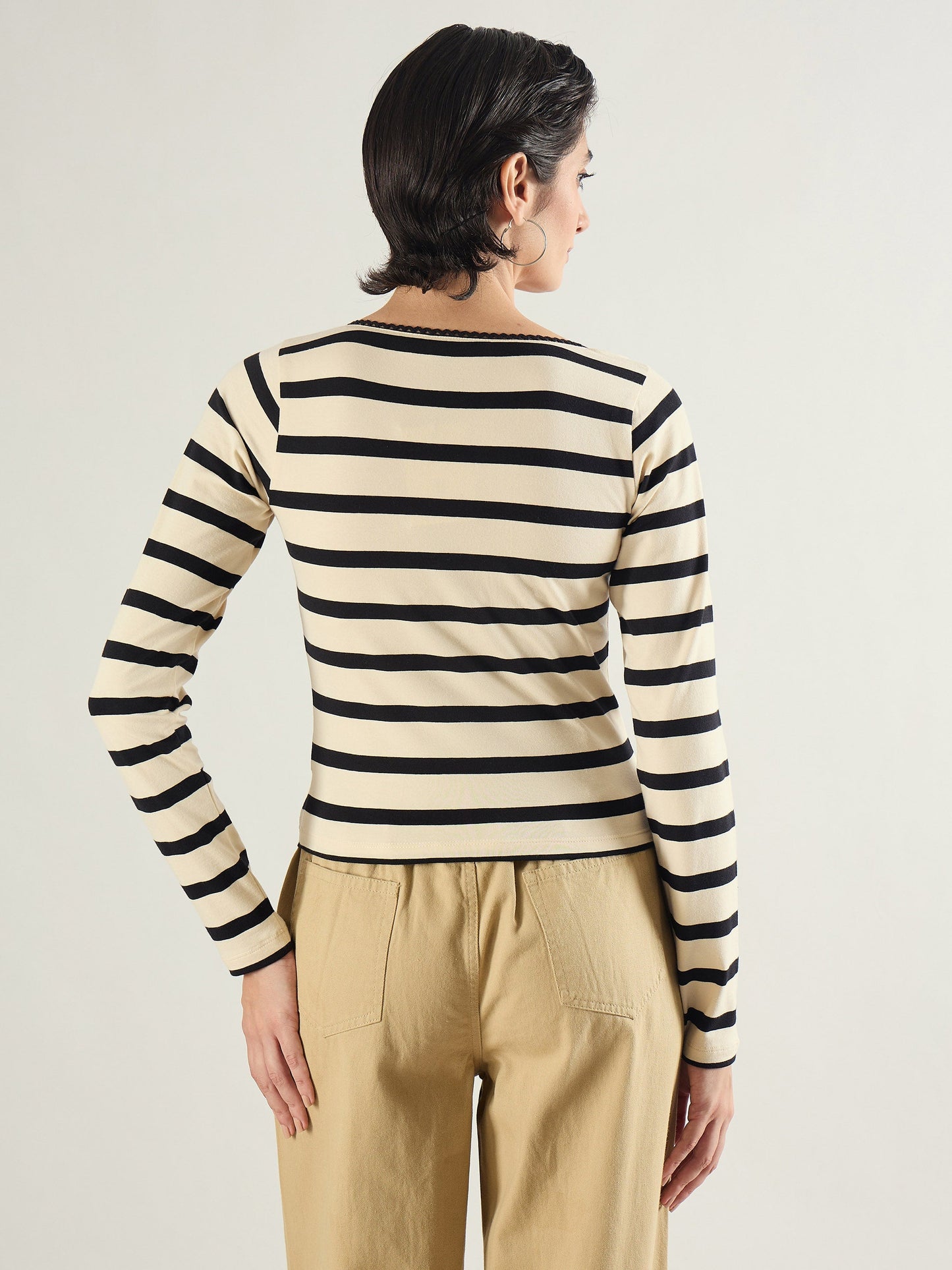 Black & Beige Striped Full Sleeve Top