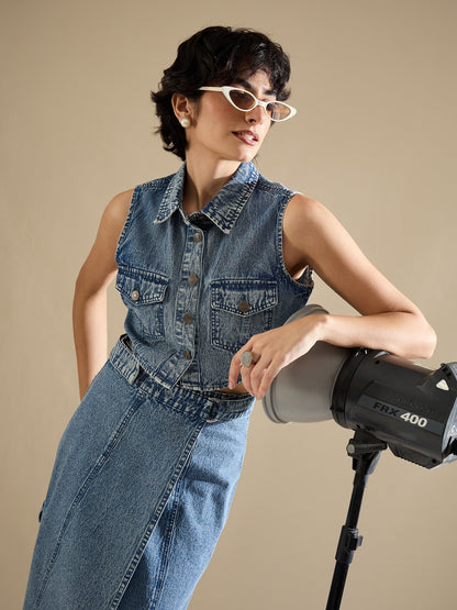 Blue Blast Denim Button Down Vest Top