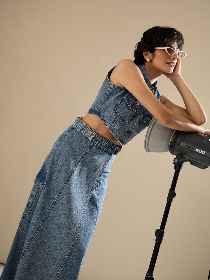 Women Blue Blast Denim Button Down Vest Top With Wrap Skirt