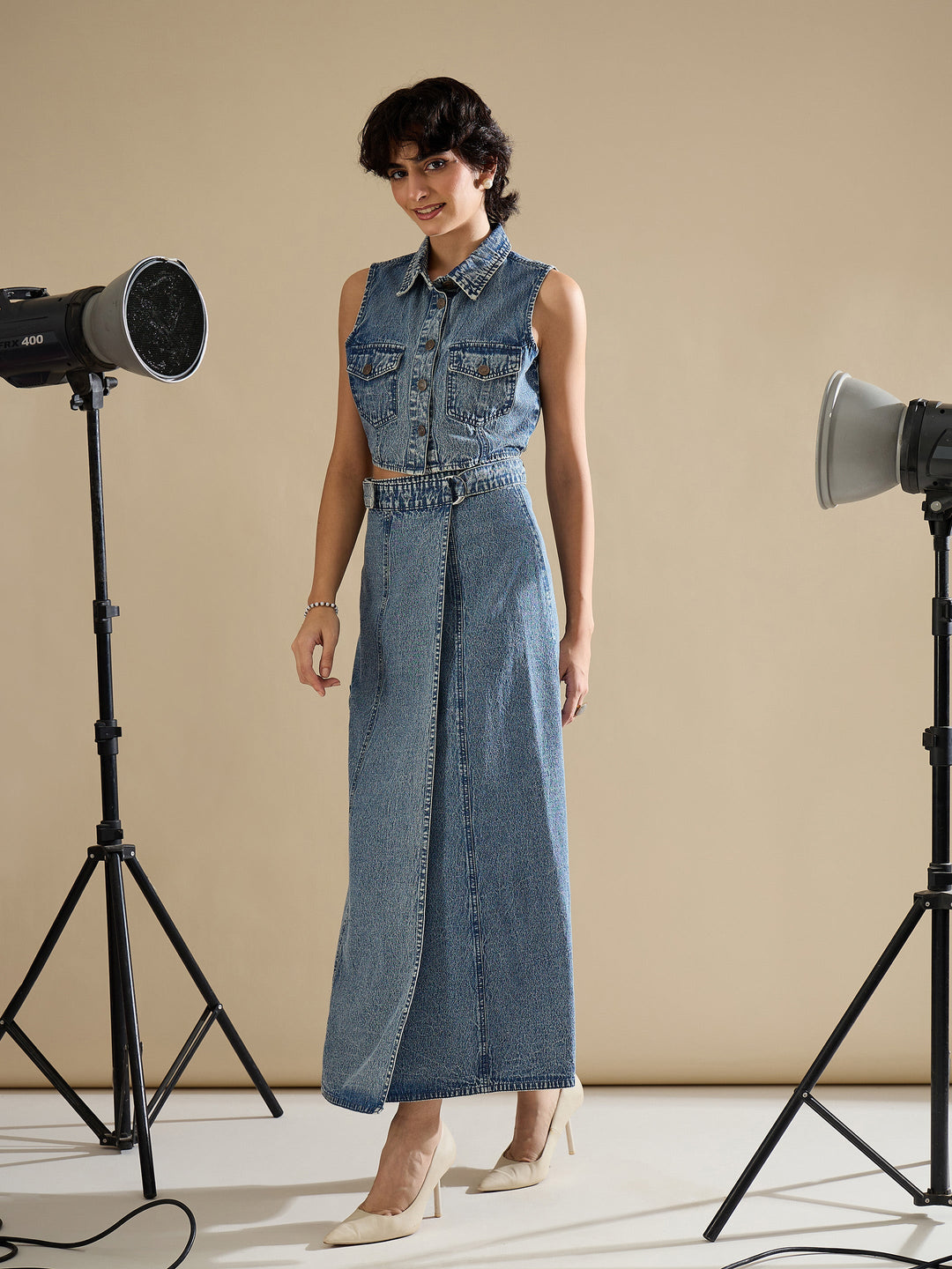 Women Blue Blast Denim Button Down Vest Top With Wrap Skirt