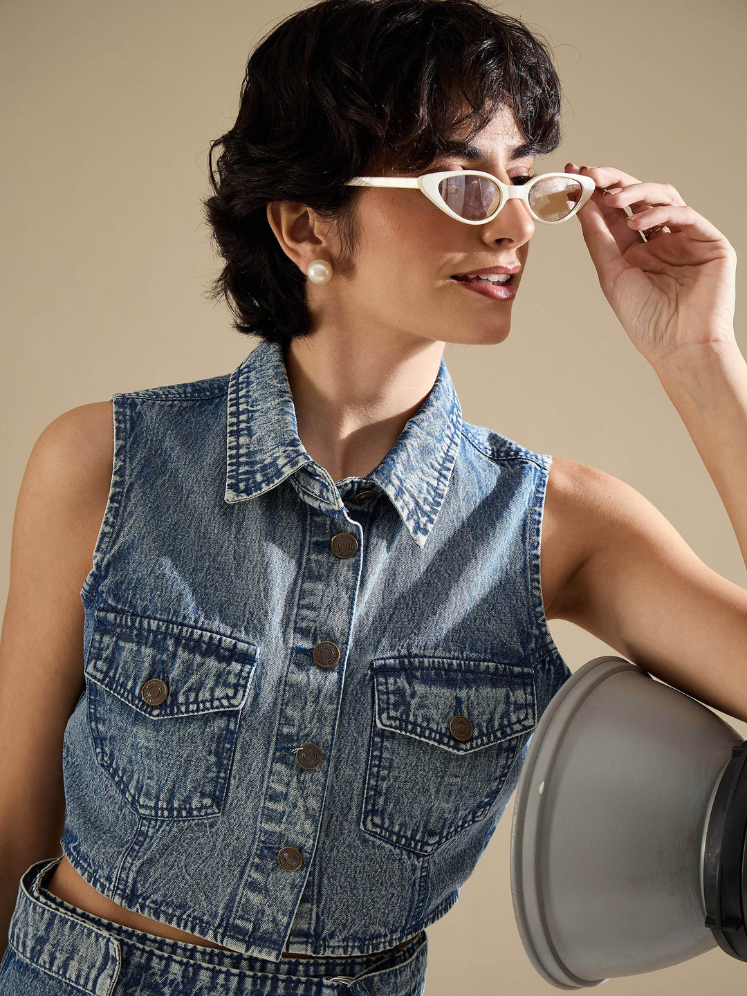 Women Blue Blast Denim Button Down Vest Top With Wrap Skirt