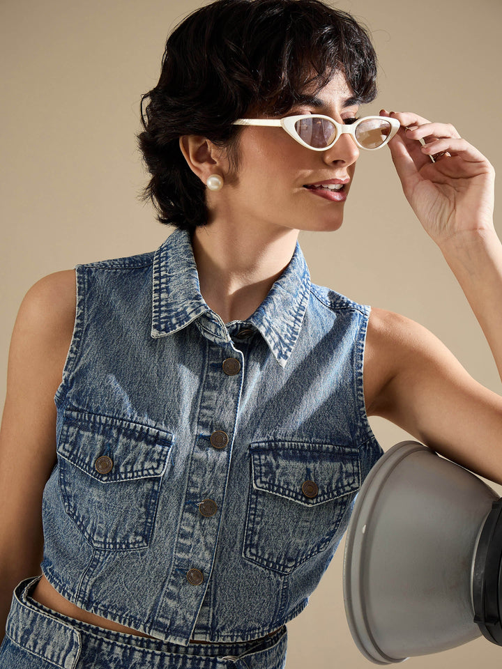 Women Blue Blast Denim Button Down Vest Top With Wrap Skirt