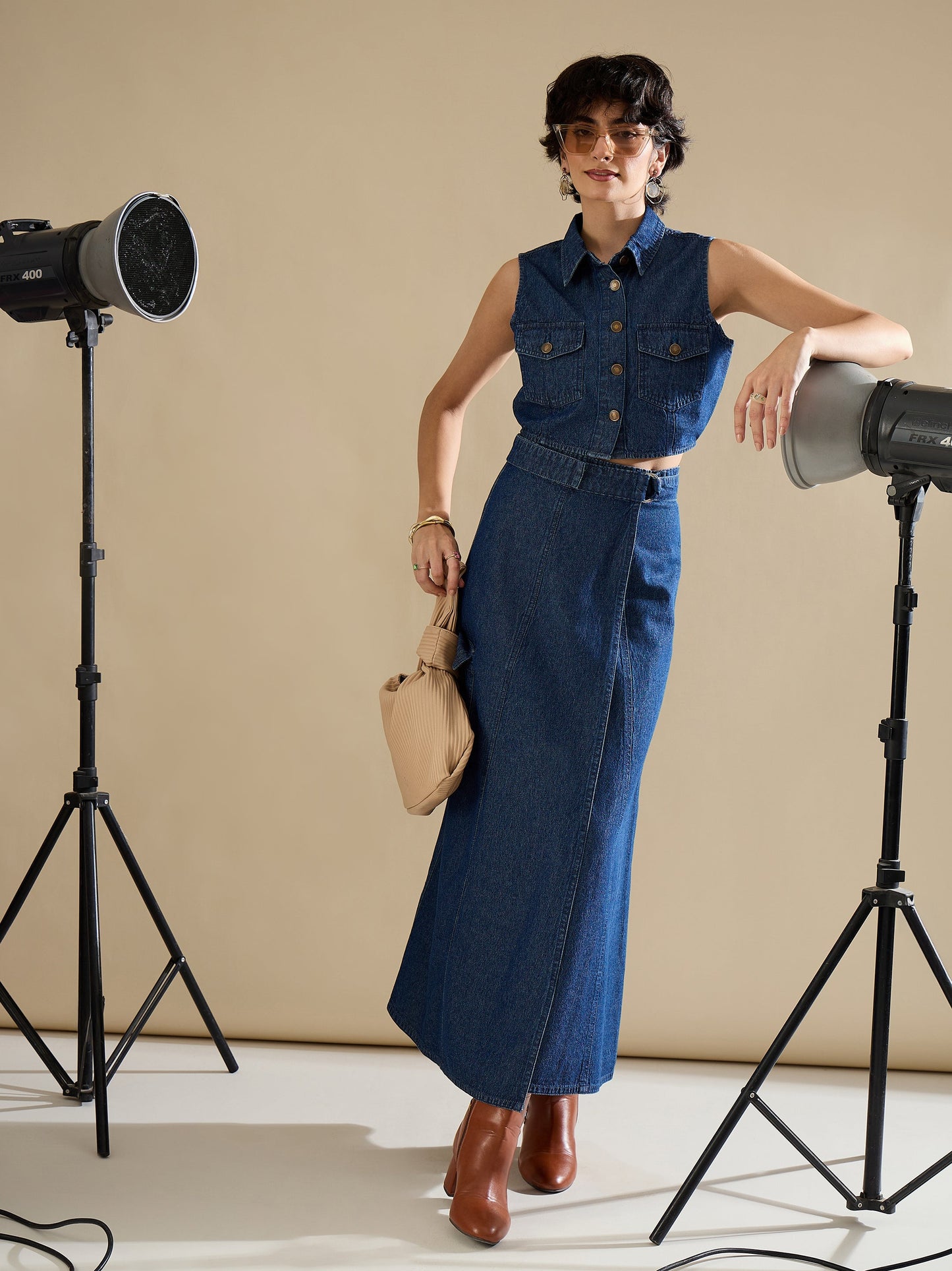 Women Navy Washed Denim Button Down Vest Top With Wrap Skirt