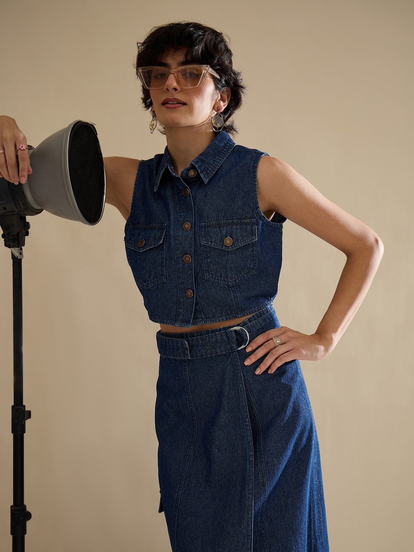 Women Navy Washed Denim Button Down Vest Top With Wrap Skirt