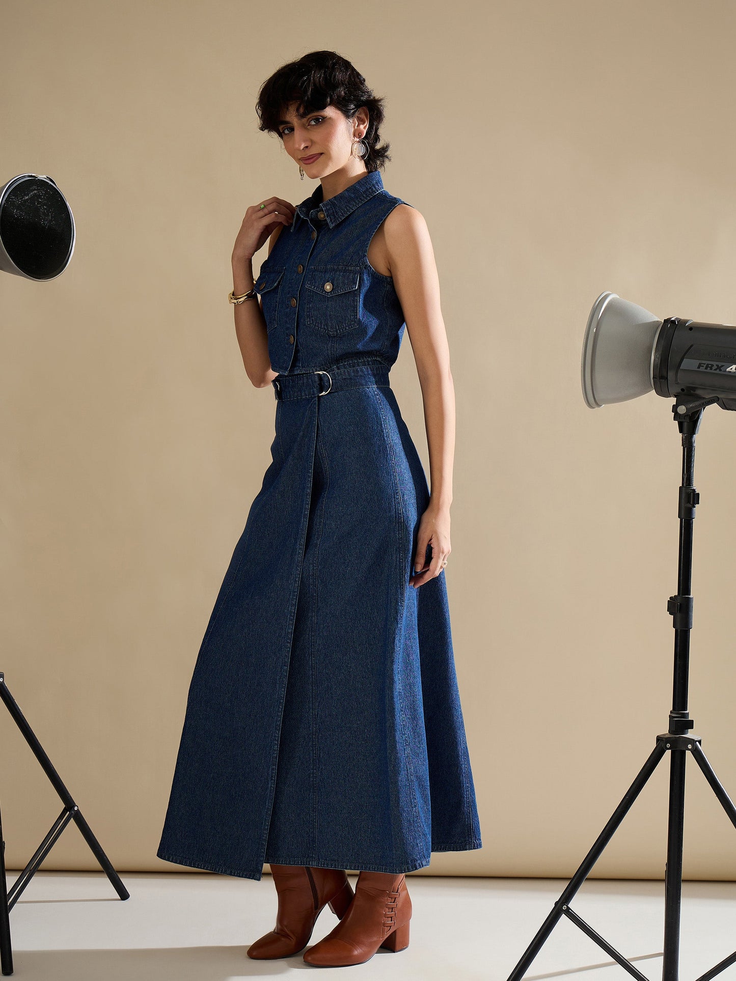 Women Navy Washed Denim Button Down Vest Top With Wrap Skirt