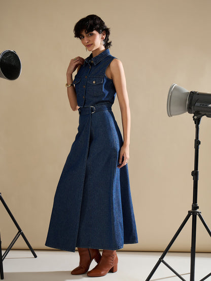 Women Navy Washed Denim Button Down Vest Top With Wrap Skirt