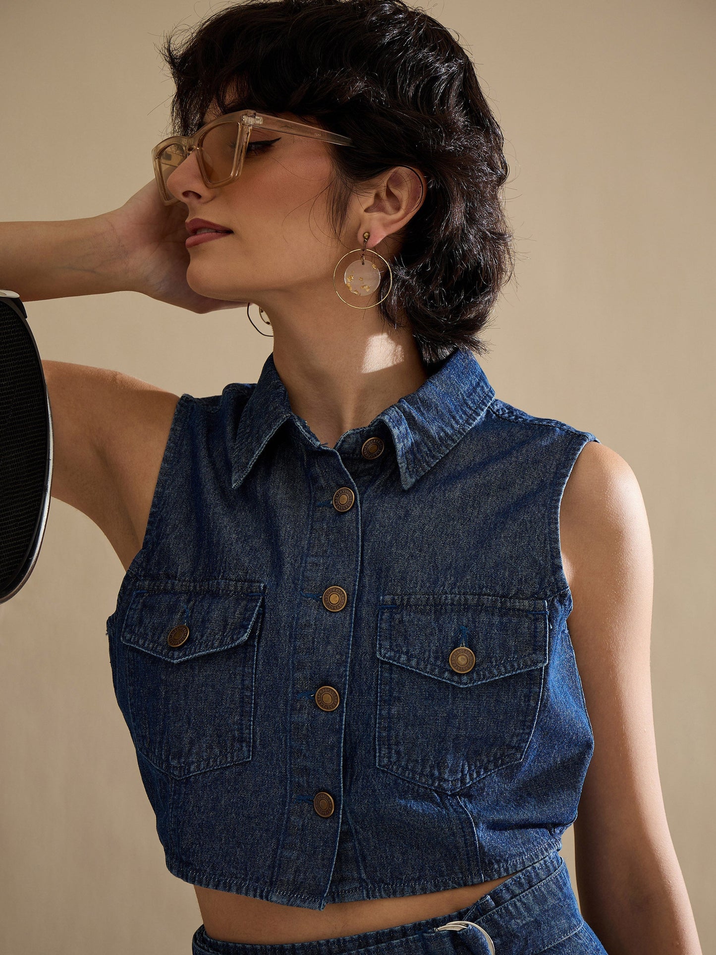 Women Navy Washed Denim Button Down Vest Top With Wrap Skirt