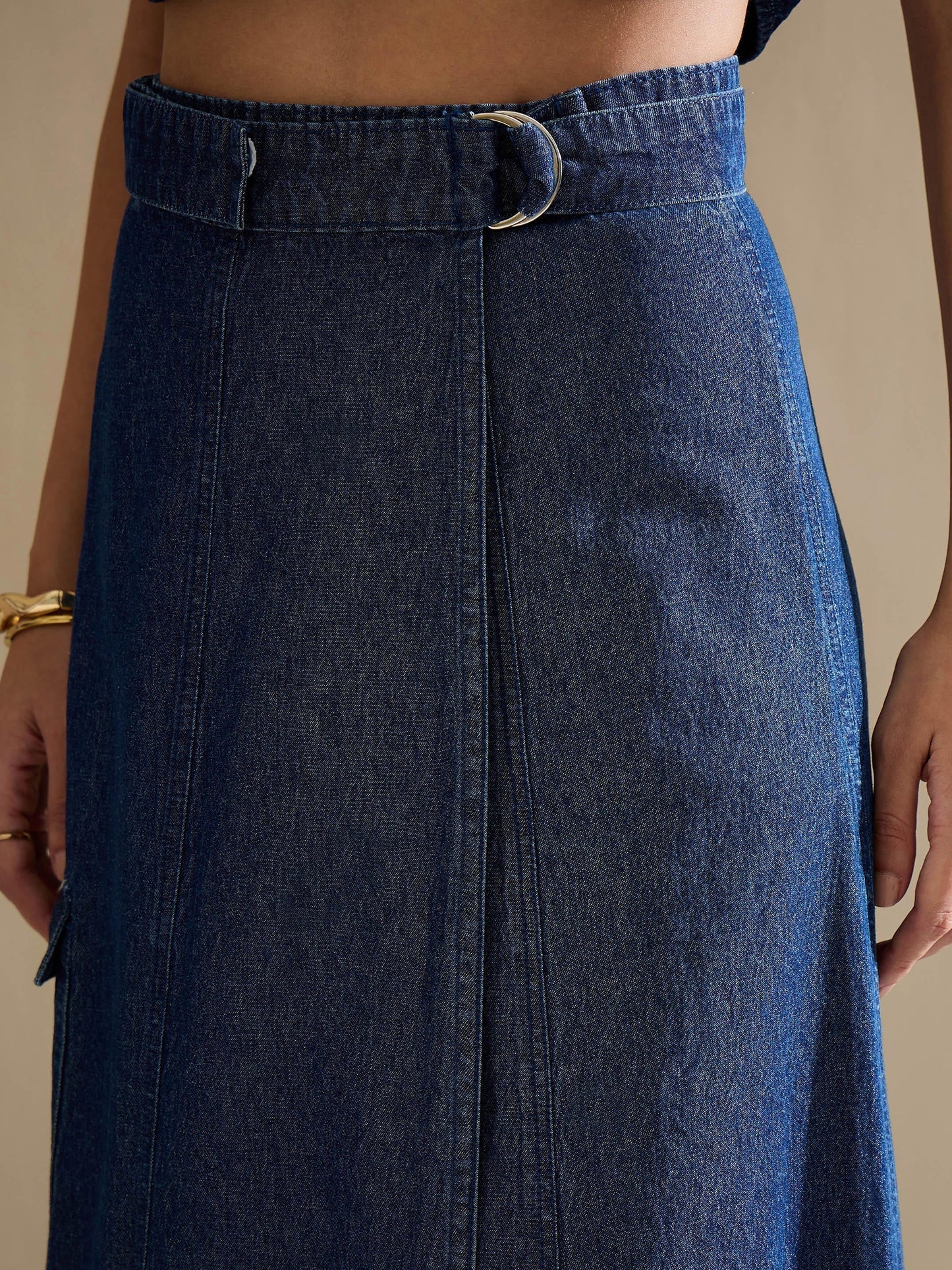 Women Navy Washed Denim Button Down Vest Top With Wrap Skirt