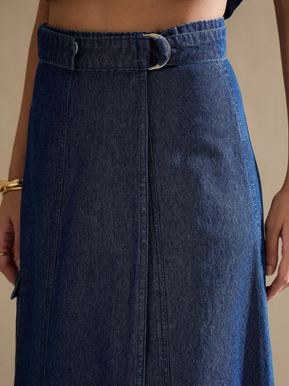 Women Navy Washed Denim Button Down Vest Top With Wrap Skirt