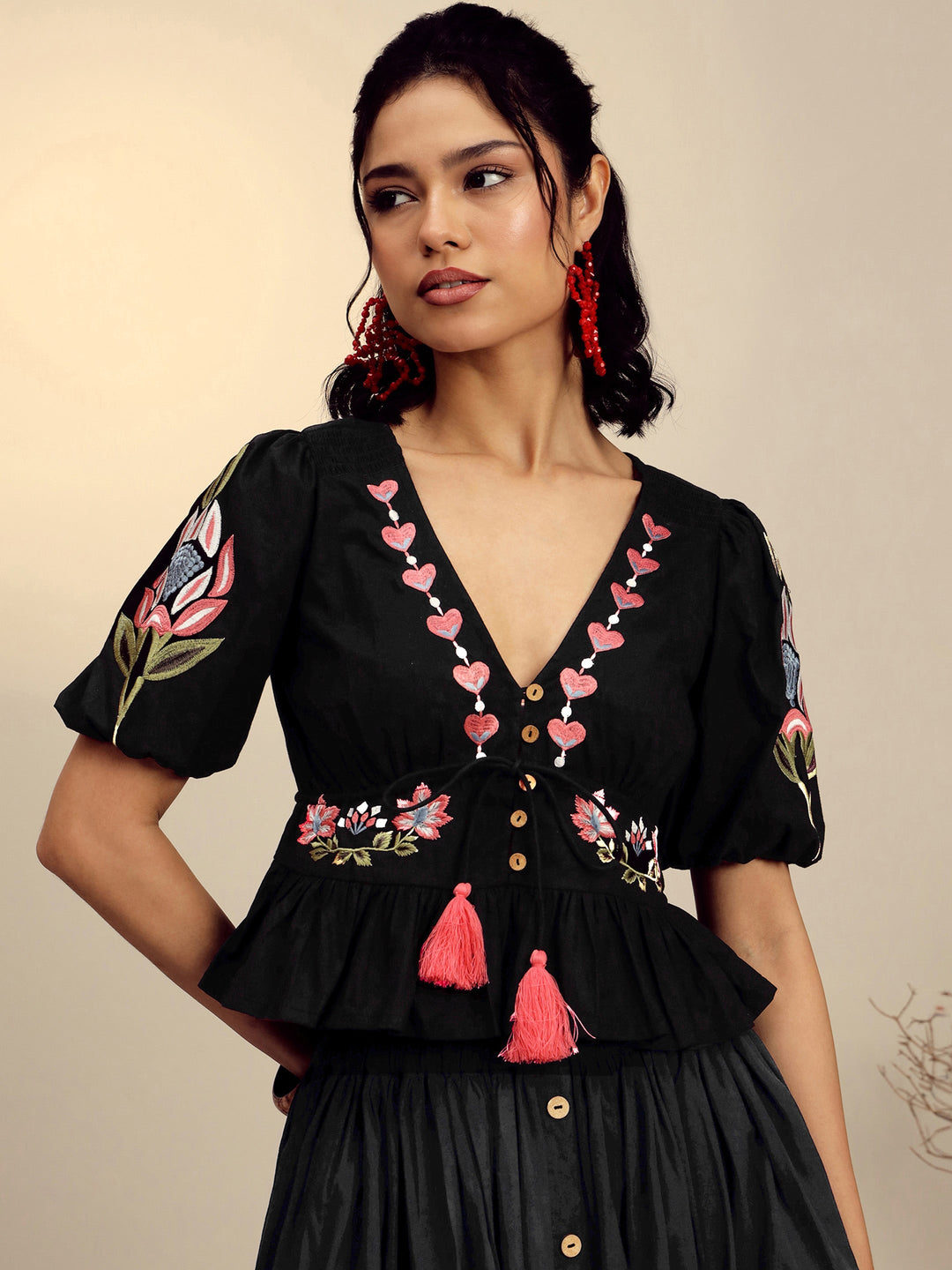 Women Black Poplin Embroidered Peplum Top