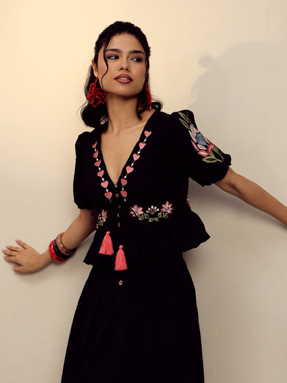 Women Black Poplin Embroidered Peplum Top