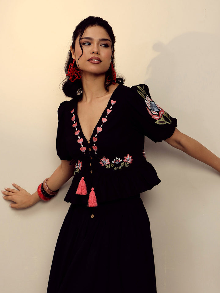 Women Black Poplin Embroidered Peplum Top