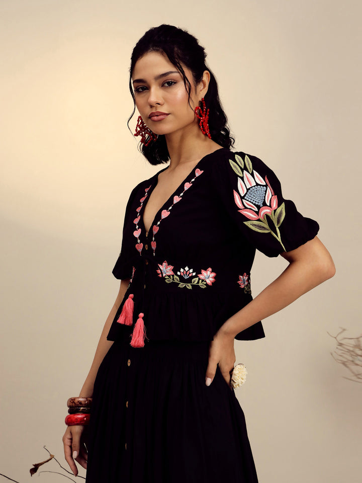 Women Black Poplin Embroidered Peplum Top