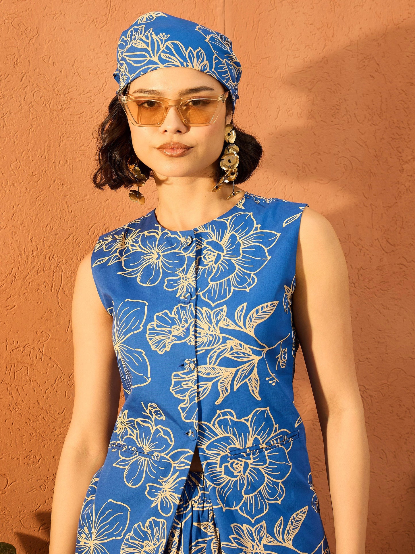 Blue Poplin Floral Sleeveless Vest Top