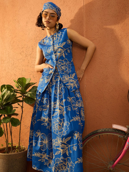 Blue Poplin Floral Sleeveless Vest Top