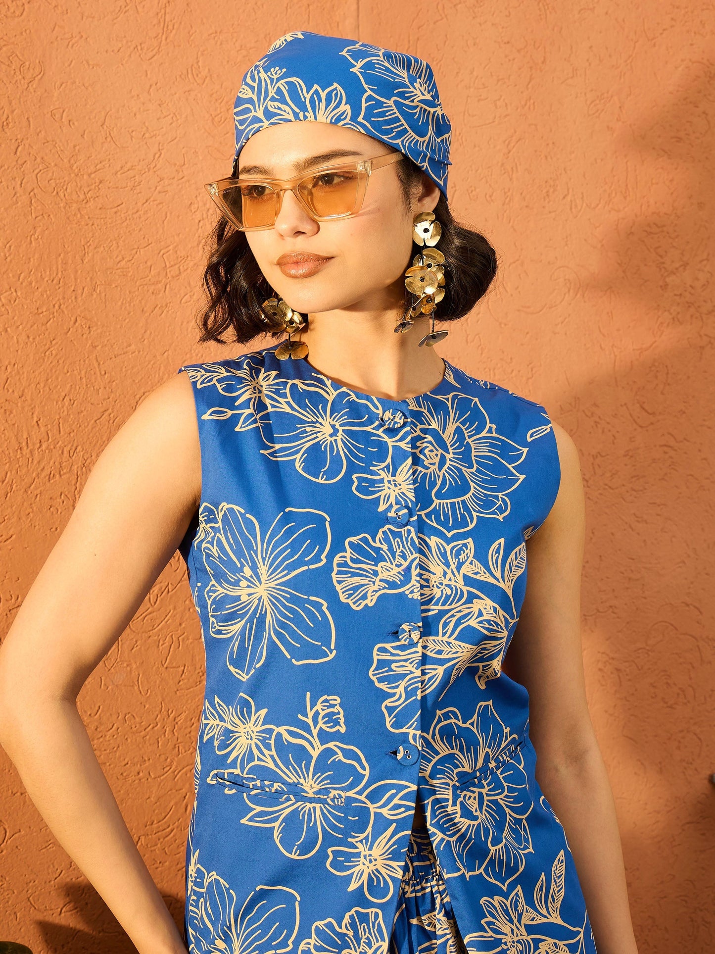 Blue Poplin Floral Sleeveless Vest Top