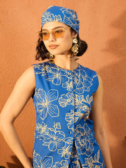 Blue Poplin Floral Sleeveless Vest Top