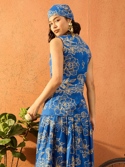 Blue Poplin Floral Sleeveless Vest Top