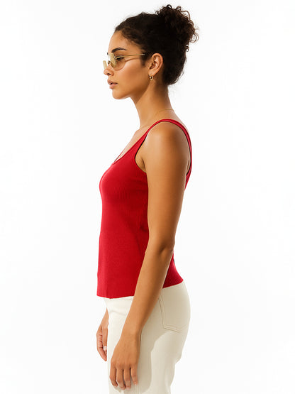 Women Red Rib Sleeveless Top