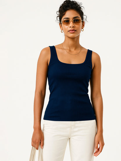 Women Navy Rib Sleeveless Top