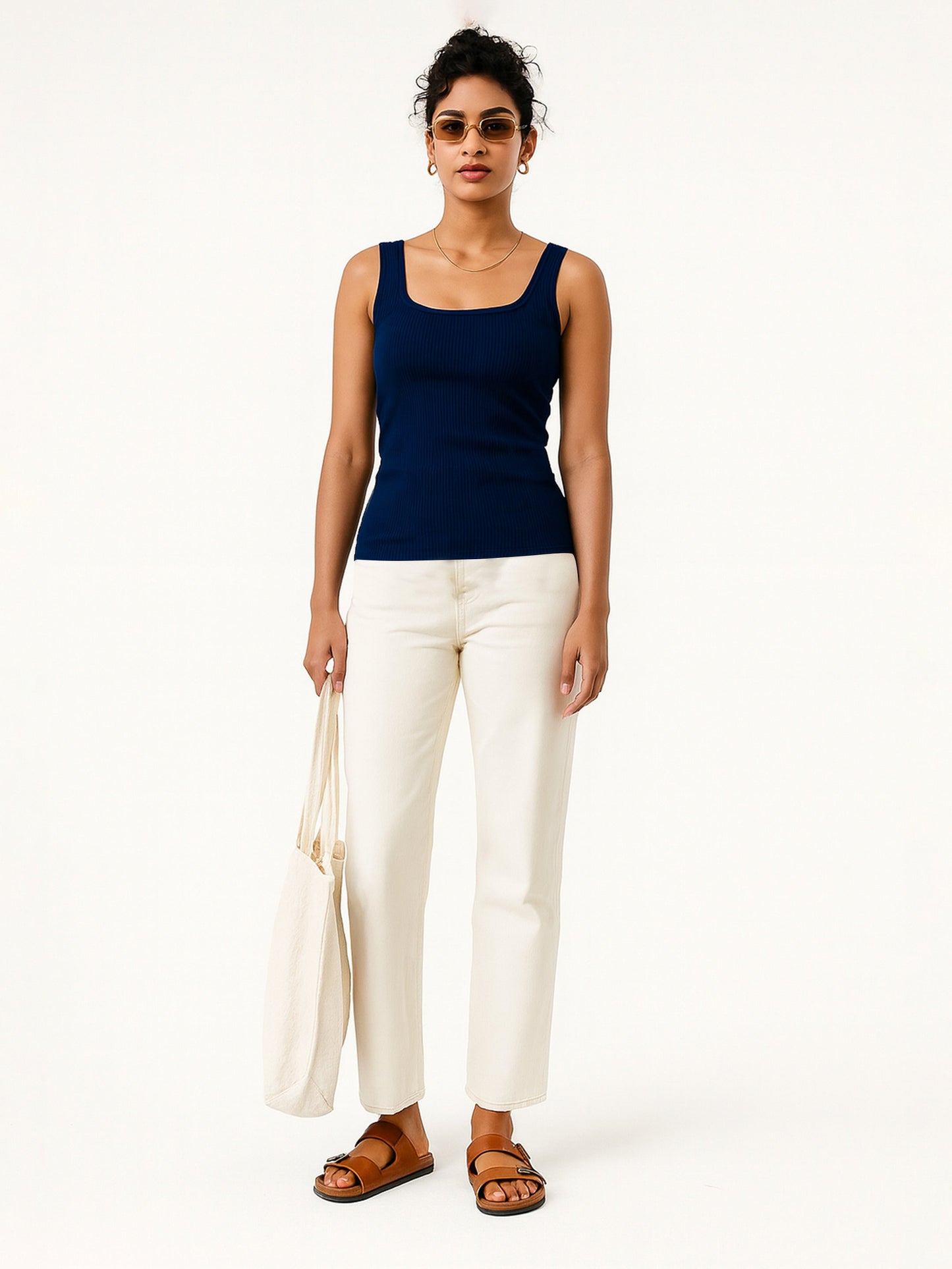 Women Navy Rib Sleeveless Top