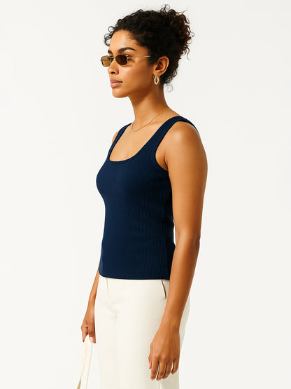Women Navy Rib Sleeveless Top