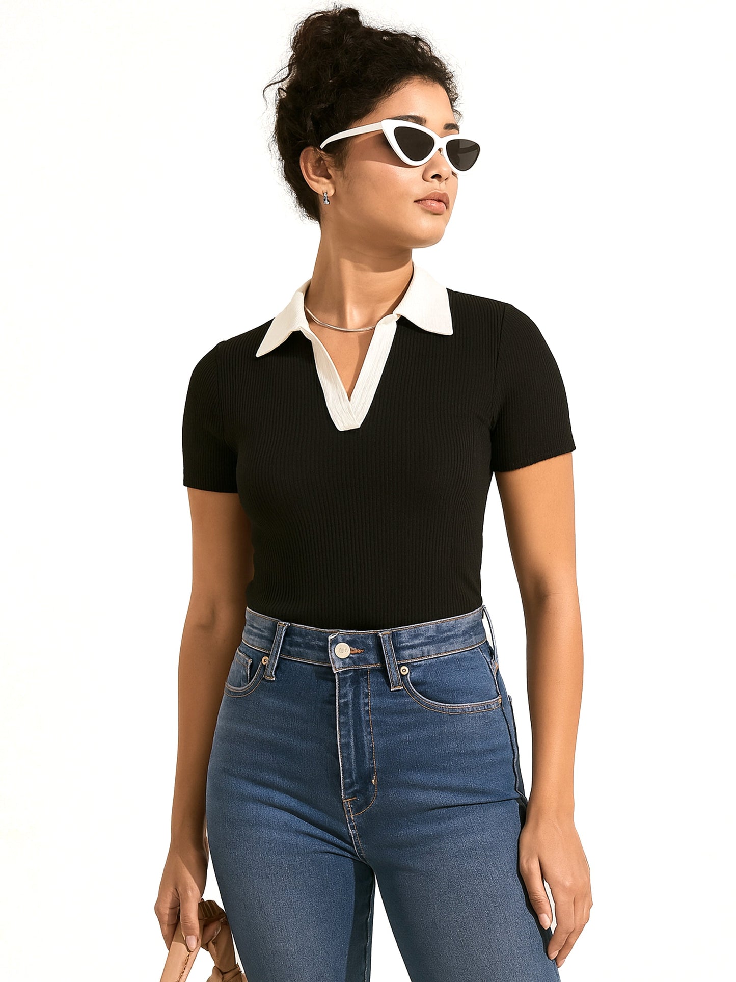 Black With White Rib Contrast Polo Neck Top
