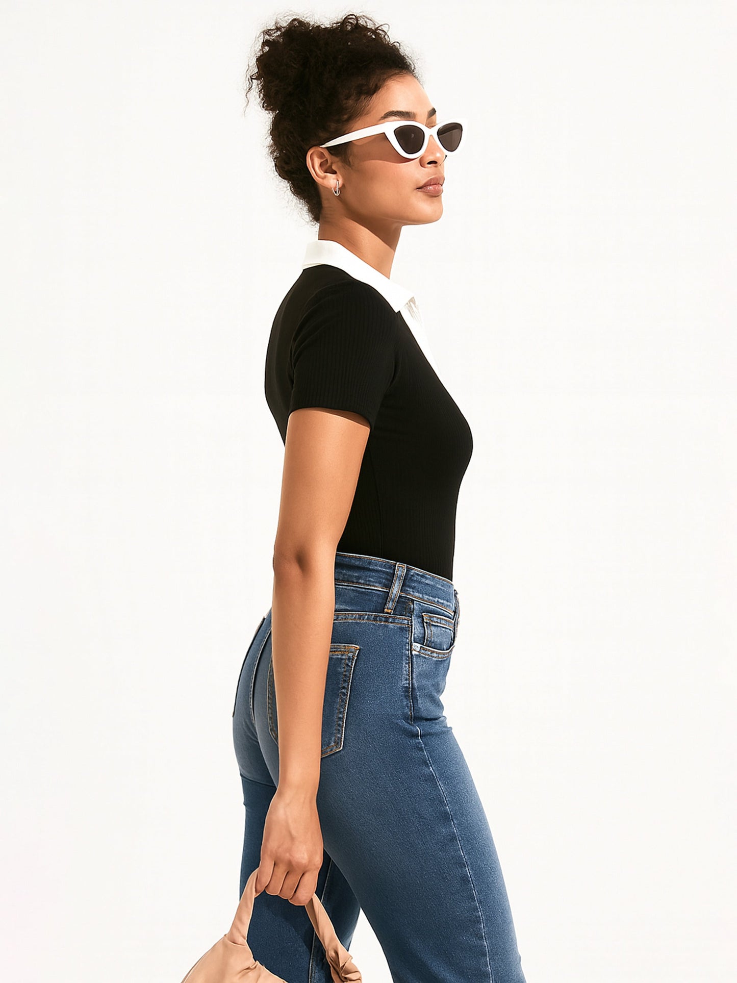 Black With White Rib Contrast Polo Neck Top